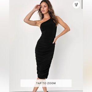 Lulus Total Appeal Black Ruched One-Shoulder Bodycon Midi Dress